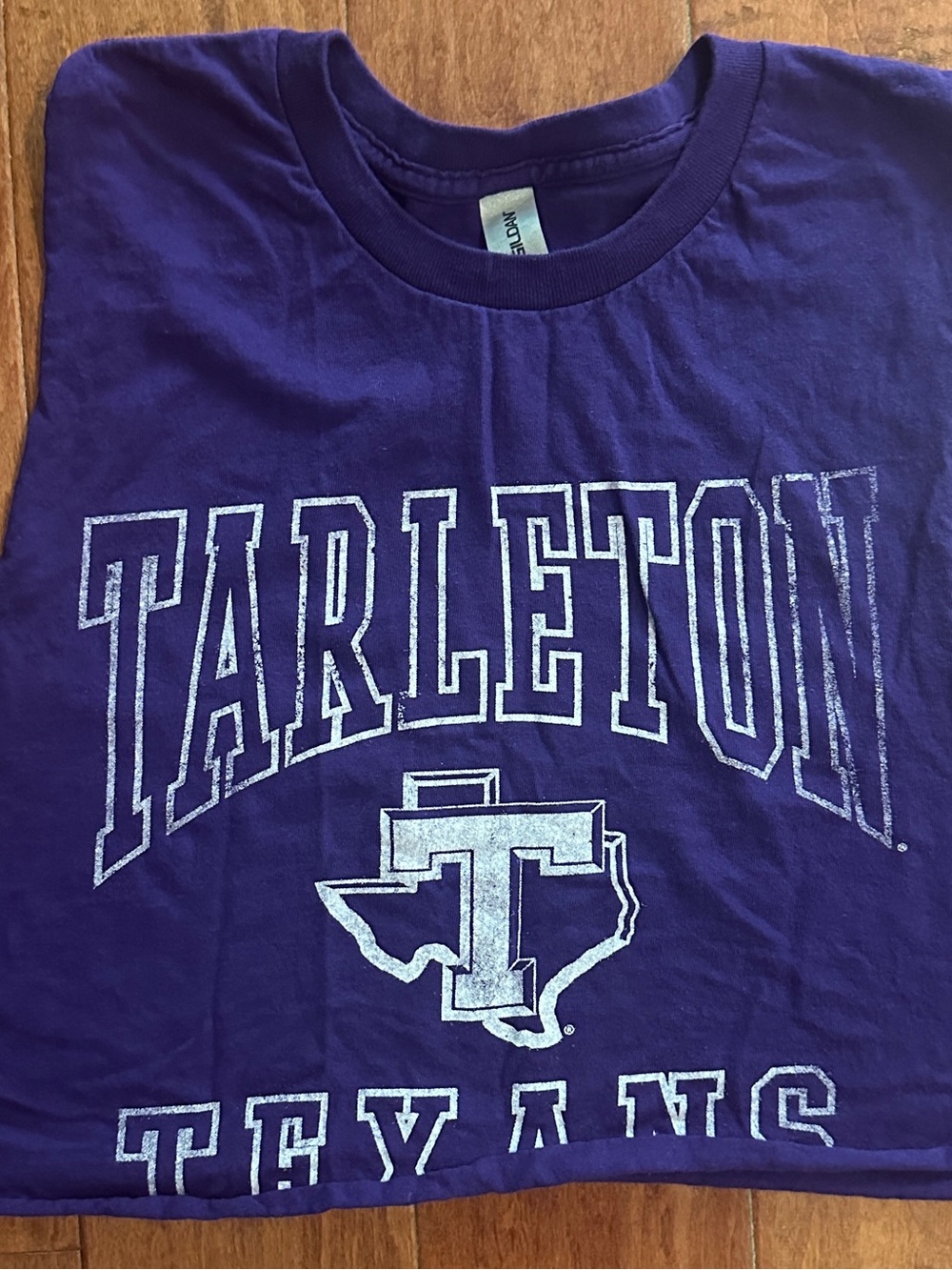 Tarleton Texans Purple Graphic T-Shirt distressed cropped Tshirt Sz L